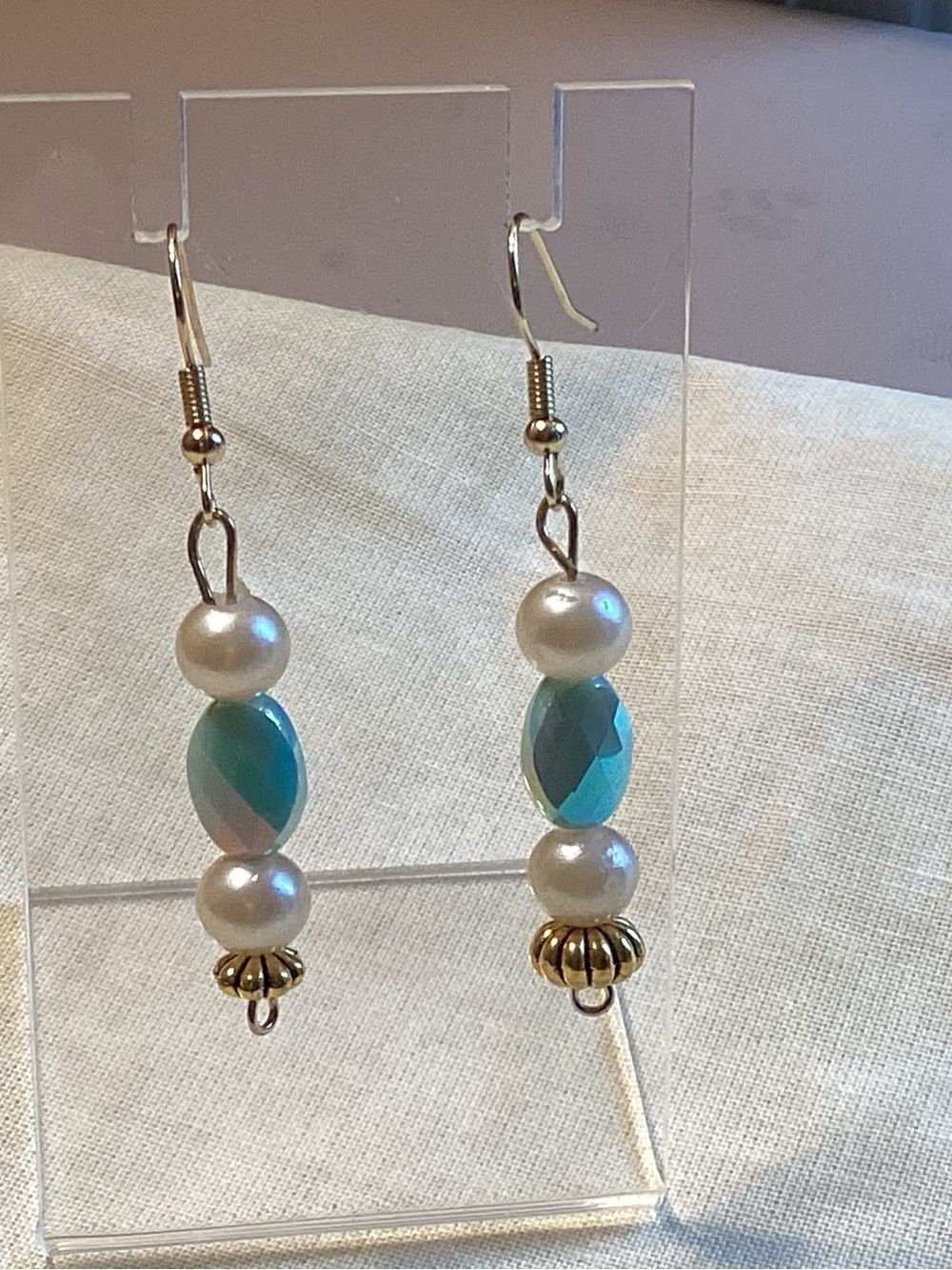 NWT. Faux Pearl and ab Teal Bead Dangle Earrings